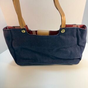 Etienne Aigner Denim Tan Straps Tote Shoulder Bag Purse Casual Coastal Preppy